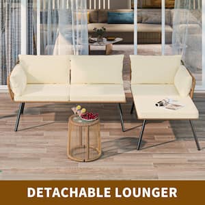 Cedar Island Wicker Outdoor Sectional Patio Furniture L-Shaped Conversation Sofa Set with Beige Cushions