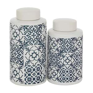 White Ceramic Decorative Jars with Spanish Tile Patterns (Set of 2)