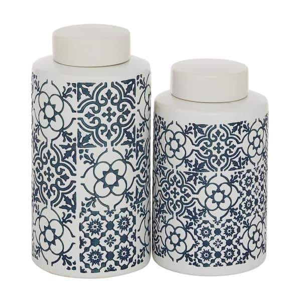Litton Lane White Ceramic Decorative Jars with Spanish Tile Patterns (Set of 2)