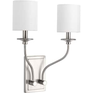 Bonita Collection 2-Light Brushed Nickel Wall Sconce with White Linen Shade