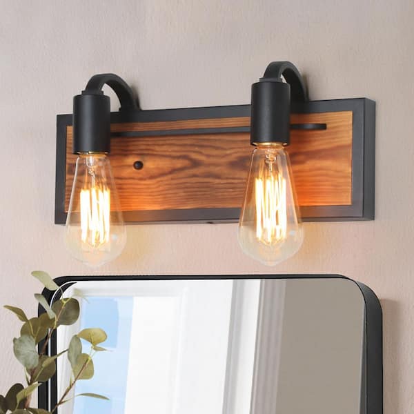 LNC Rustic Bathroom Vanity Light Wayner 2-Light Matte Black Wood Vanity Light Modern Industrial Water Pipe Wall Sconce