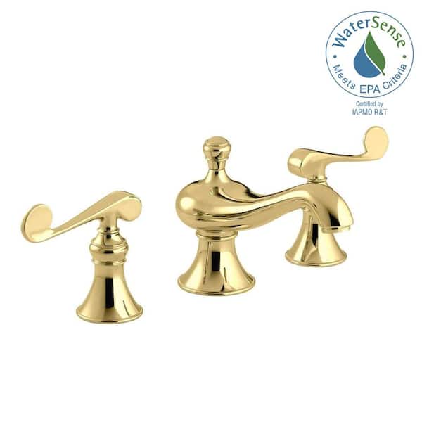 KOHLER Revival 8 in. Widespread Low-Arc Water-Saving Bathroom Faucet in Vibrant Polished Brass with Scroll Lever Handles