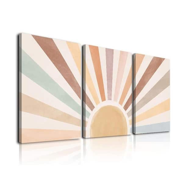 3 Piece Framed Boho Sun Canvas Wall Art Set Rainbow Sun Rising 12x16 Watercolor Geometric Line Art for Office Decor