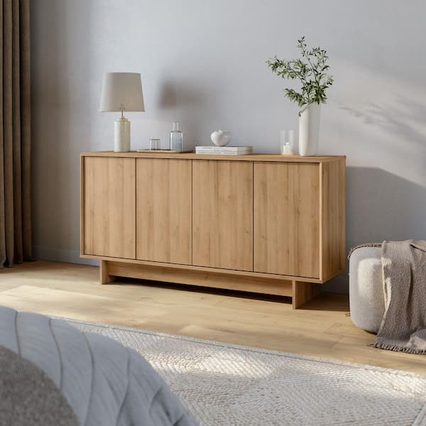 Prepac Finnley 61.5 in. Natural Oak Rectangle Engineered Wood Top Sideboard Cabinet Console TableCabinet with AdjustableShelves