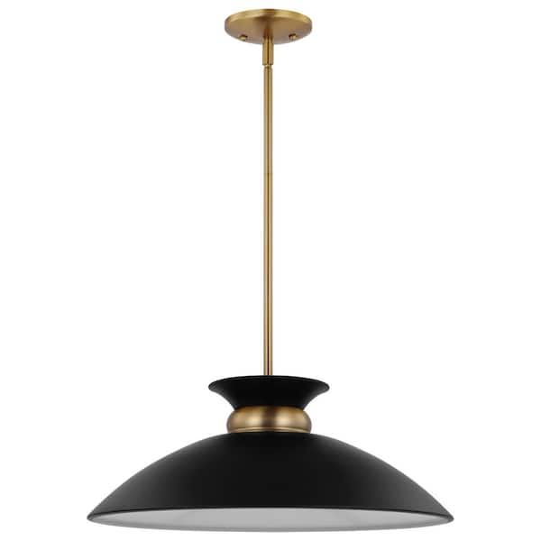 Perkins 100-Watt 1-Light Matte Black/Burnished Brass Shaded Pendant Light with Black Metal Shade, No Bulbs Included