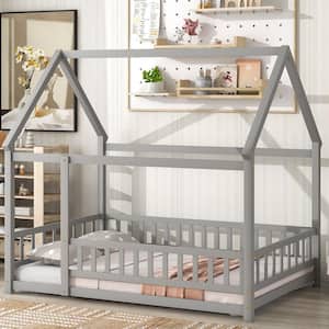 Gray Full Size Wooden House Bed with Fence Guardrails