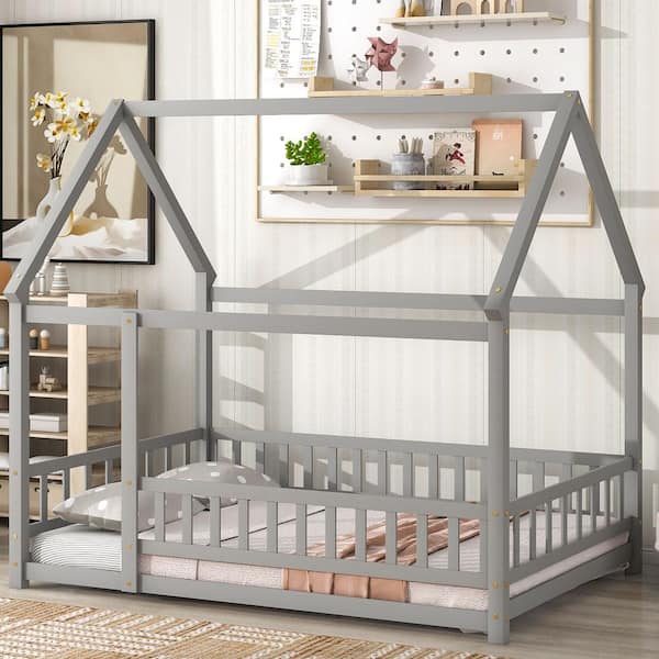 Harper & Bright Designs Gray Full Size Wooden House Bed with Fence ...