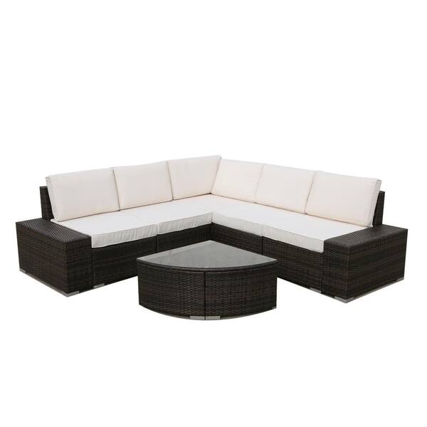 Tunearary Brown 6-pieces Wicker Patio Conversation Set With Beige 