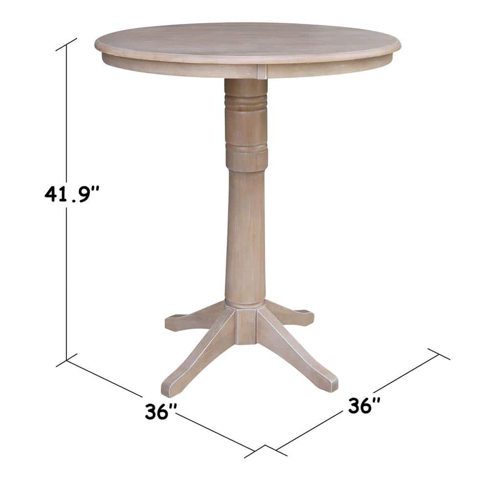 36" Round Washed Gray Solid Wood Bar Height Pedestal Table