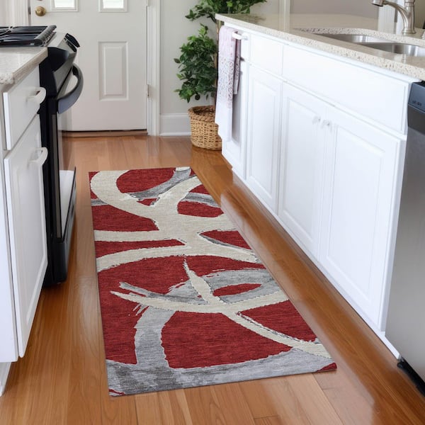 Mayfield Premium Machine Washable Abstract AMF1022 Red 2 ft. 3 in. x 7 ft. 6 in. Runner Rug