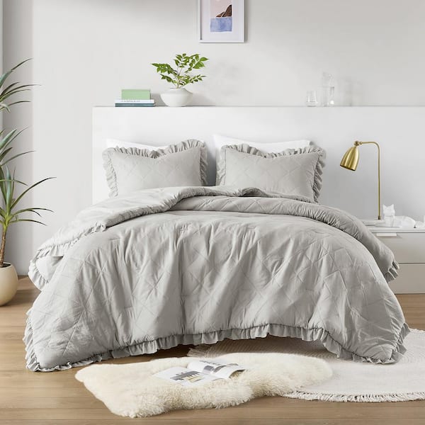 Phoebe 2-Piece Grey Microfiber Twin/Twin XL Diamond Quilted Ruffle Edge Comforter Set