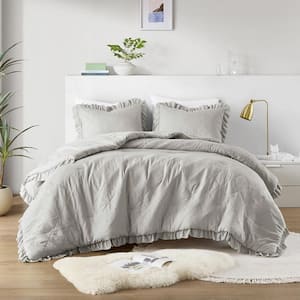 Phoebe 3-Piece Grey Microfiber Full/Queen Diamond Quilted Ruffle Edge Comforter Set