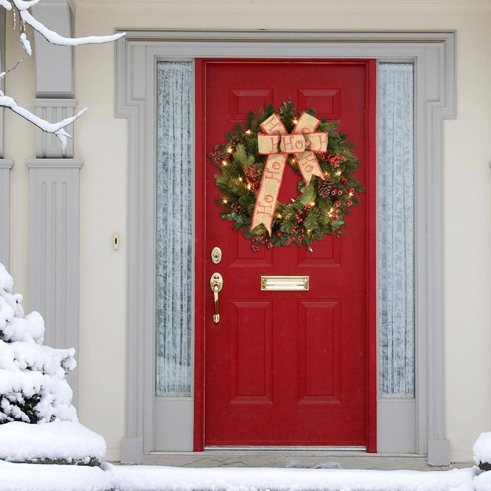Green 30'' Pre-Lit Artificial Christmas Wreath with Burlap Ribbon