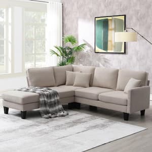 90 in. W L-shaped Terrycloth Fabric Minimalist Sectional Sofa in. Beige with 3-Pillows