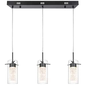 15-Watt 3-Light Black 3000K Warm White Light Integrated LED Pendant Lights with Crystal Glass Shade for Kitchen Island