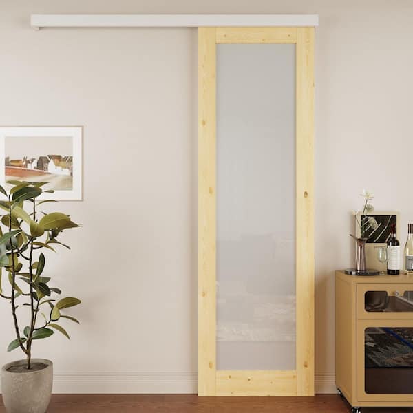 30 in. x 96 in. Hidden Track Style 1-Lite Frosted Glass Unfinished Glass Sliding Barn Door with Hardware Kit