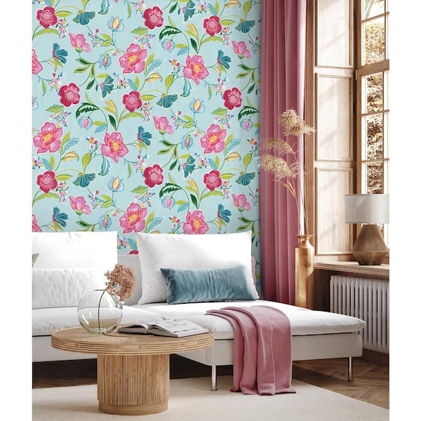 30.75 sq. ft. Light Aqua Painterly Floral Vinyl Peel and Stick Wallpaper Roll
