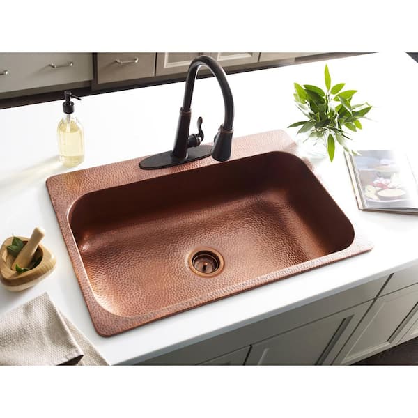 SINKOLOGY Angelico 33 in. 3-Hole Drop-In Single Bowl 17 Gauge Antique Copper Kitchen Sink