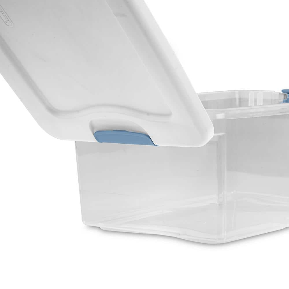 Clear Plastic Stackable Storage Box with White Lid and Blue Latches