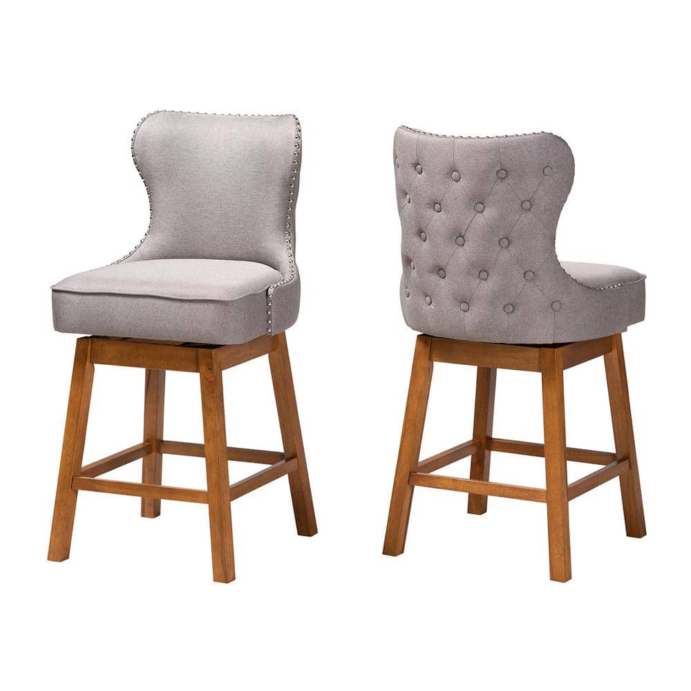 Modern Swivel Counter Stool Set in Gray Fabric and Walnut Wood