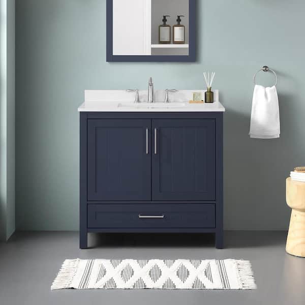 OVE Decors Kansas 36 in. W x 19 in. D x 34 in. H Single Sink Bath Vanity in Midnight Blue with White Engineered Stone Top