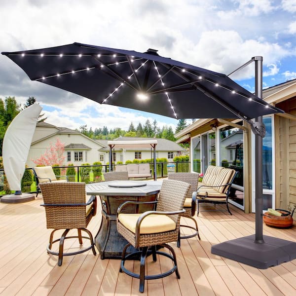 11 ft. Solar LED Round Aluminum Cantilever Outdoor Umbrellas with Base Stand in Navy Blue