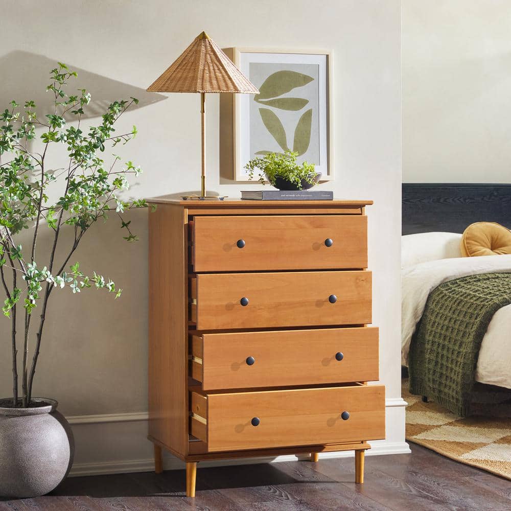 Caramel Mid-Century Modern 4-Drawer Solid Wood Dresser