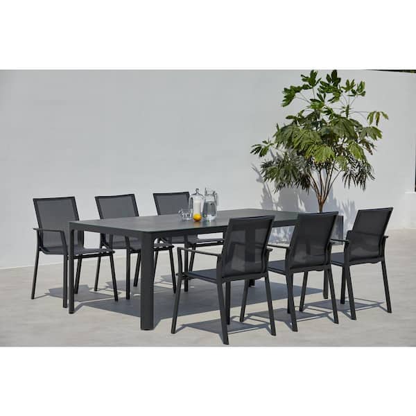 BELLINI HOME AND GARDENS Waldorf Dark Gray 7-Piece Aluminum Outdoor Dining Set with Sling Set in Pewter