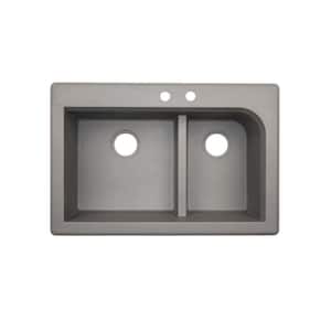 Dual-Mount Granite 33 in. x 22 in. 2-Hole 60/40 Double Bowl Kitchen Sink in Metallico