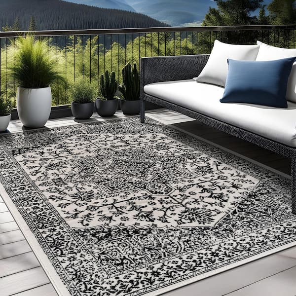 Athena Black 8 ft. x 10 ft. Rubber Back Washable Oriental Border Indoor Outdoor Patio Area Rug