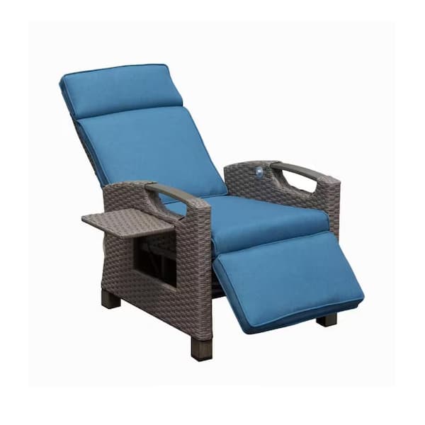 1-Piece Hand-Woven Wicker Outdoor Recliner Chair with Blue Cushions