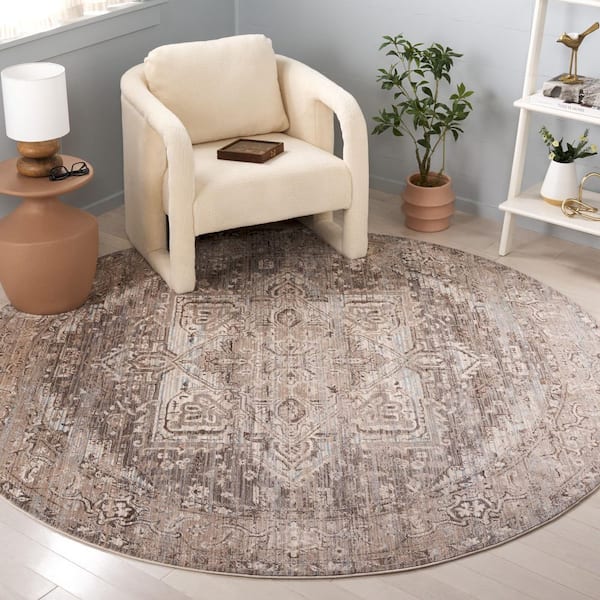 Vintage Persian 7 ft. x 7 ft. Brown/Beige Ornate Distressed Round Area Rug