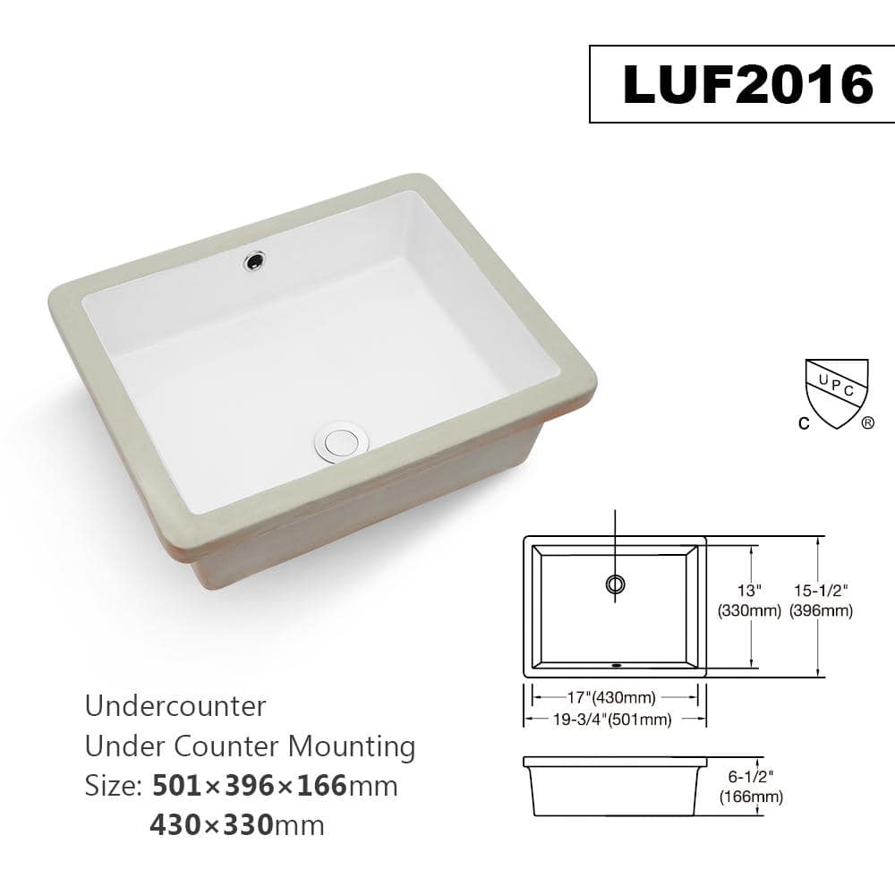 19.75'' White Ceramic Rectangular Undermount Bathroom Sink