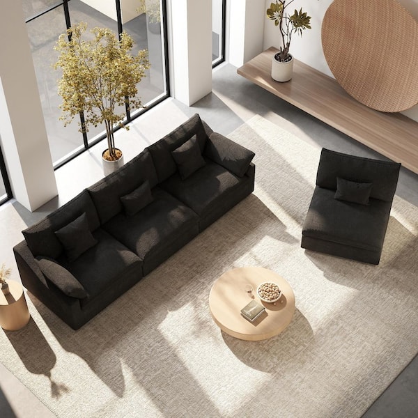 156 in. Square Arm Modern 4-Piece Free Combination Linen Cloud Modular Sectional Sofa with Washable Covers in. Black