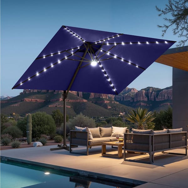 11 ft. × 11 ft. Solar Lighted Aluminum Cantilever Patio Umbrella in Navy Blue Outdoor Offset Umbrella with Central Light