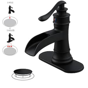 Waterfall Single Hole Single-Handle Bathroom Faucet for Vessel Sink with Drain Assembly and Deck Plate in Matte Black