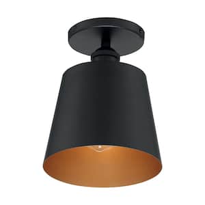 Motif 7.25 in. 1-Light Black/Gold Accents Transitional Semi-Flush Mount with Black Metal Shade, No Bulbs Included