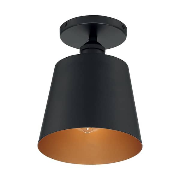 SATCO Motif 7.25 in. 1-Light Black/Gold Accents Transitional Semi-Flush Mount with Black Metal Shade, No Bulbs Included
