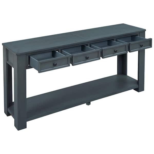 LUCKY ONE Entryway Hallway Tables 14in. Rectangle Navy Wood Console Table 4-Drawers, and Slatted Bottom Shelf
