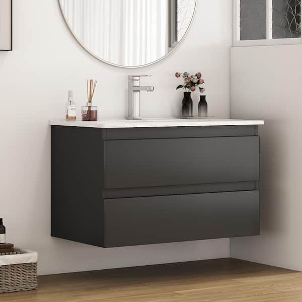 32 in. Single Sink Floating Black Bath Vanity with White Ceramic Top