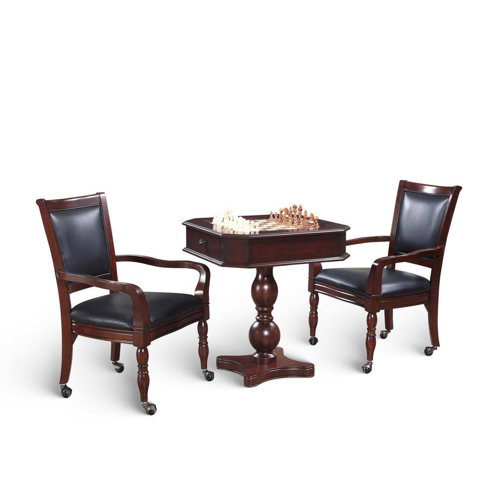 Mahogany 3-in-1 Game Table with Black Synthetic Leather Chairs