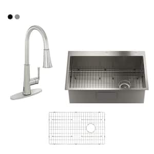 Stainless Steel 33 in. Single Bowl Drop-In Kitchen Sink with Brushed Nickel LED and Infrared Sensor Pull Down Faucet