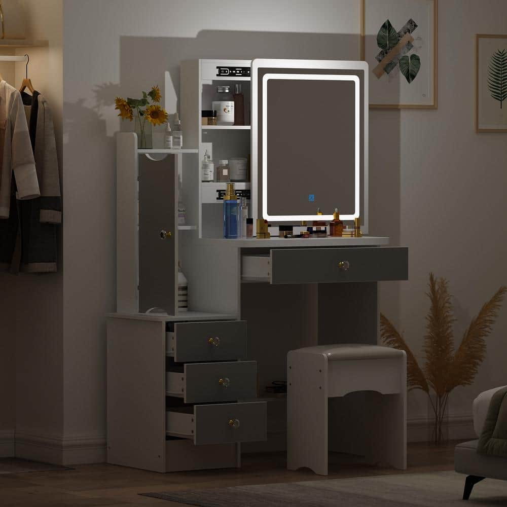 4-Drawers White Wood Makeup Vanity Sets Dressing Table Sets with Stool, Mirror, LED Light, Door and Storage Shelves - thumbnail 9