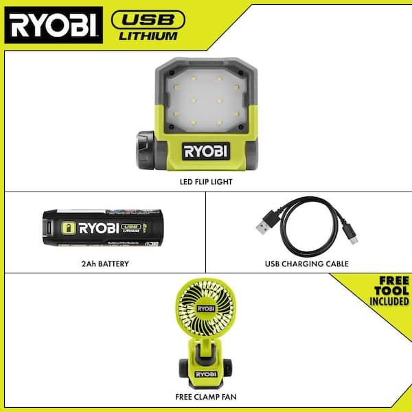 USB Lithium Cordless Pivoting LED 3-Mode Flip Light Kit, 2.0 Ah Battery with USB Lithium Cordless Clamp Fan