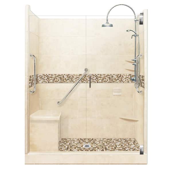 American Bath Factory Roma Freedom Luxe Hinged 34 in. x 60 in. x 80 in. Center Drain Alcove Shower Kit in Desert Sand and Chrome Hardware