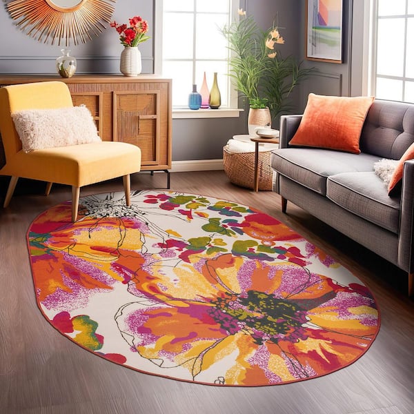 Contemporary Bright Flowers Non-Slip (Non-Skid) Multi 5 ft. x 7 ft. Oval Indoor Area Rug