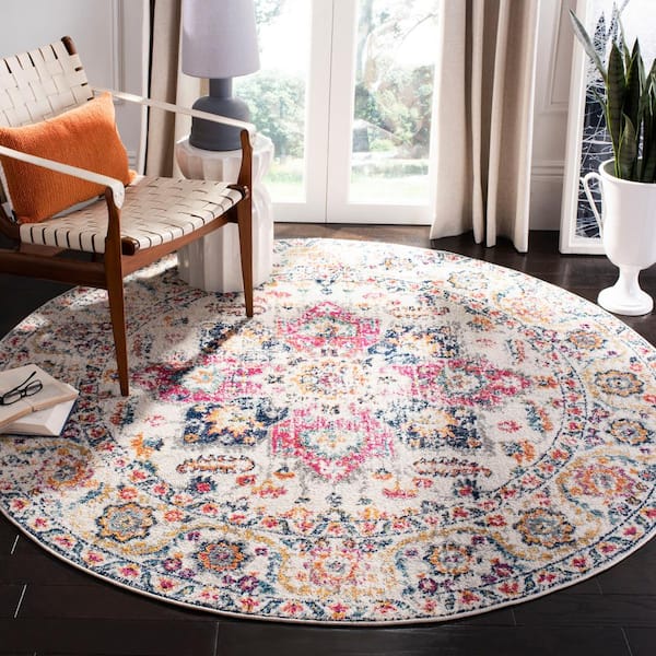 Madison Fuchsia/Ivory 8 ft. x 8 ft. Geometric Border Floral Medallion Round Area Rug