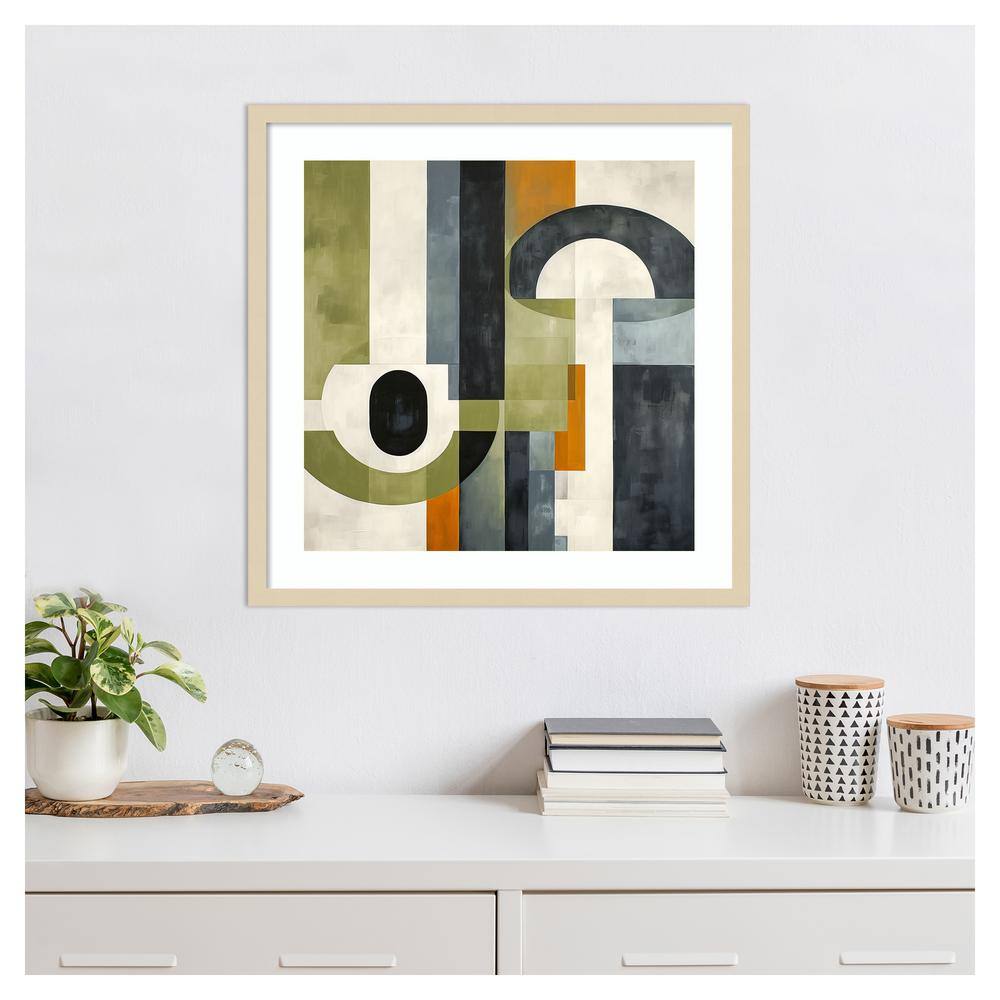 Sage Green Midcentury Abstract Graphic Art Print with Natural Frame