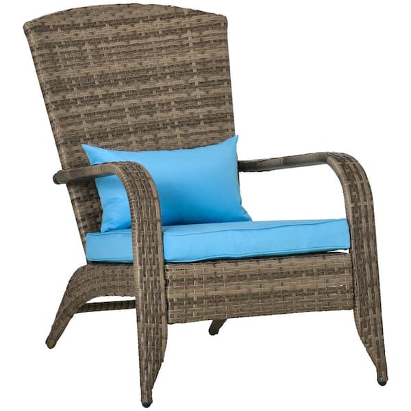 Outsunny Modern Plastic Patio Adirondack Chair with All-Weather Rattan Wicker with Soft Cushions, Tall Curved Backrest, Sky Blue