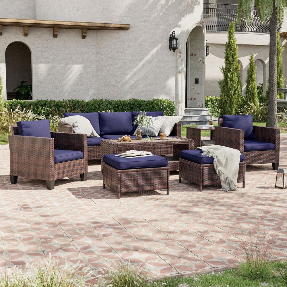 7-Piece Brown Wicker Outdoor Conversation Seating Sofa Set with Coffee Table, Navy Blue Cushions price history on PriceWatchPro